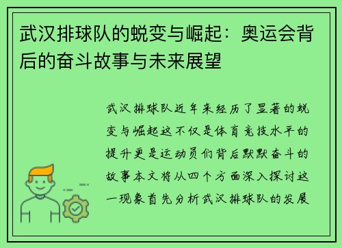 武汉排球队的蜕变与崛起：奥运会背后的奋斗故事与未来展望